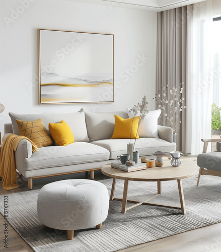 White and yellow living room design, with a combination of a round chair on a sofa.