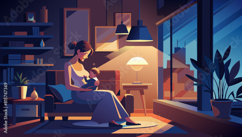 Serene Motherhood Evening: Young Woman Nursing Baby at Home