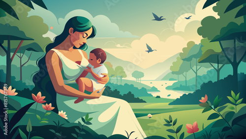Serene Motherhood: Woman Nurturing Child in Idyllic Nature Setting