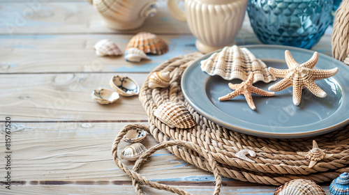 Beautiful table Fourting with marine decor on light wooden table