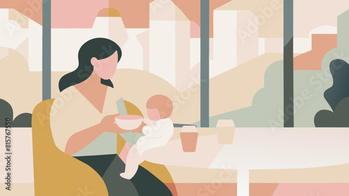 Serene Motherhood: Woman Feeding Baby in Cafe Setting