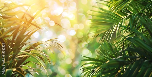 A sunny forest with palm trees. The sun shines brightly through the leaves  casting a warm glow on the scene. The trees are vibrant and green  with distinct leaves and branches creating a natural  ser
