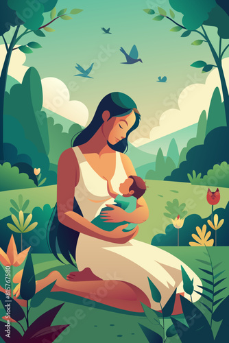 Serene Motherhood: Woman Breastfeeding in Idyllic Nature Setting