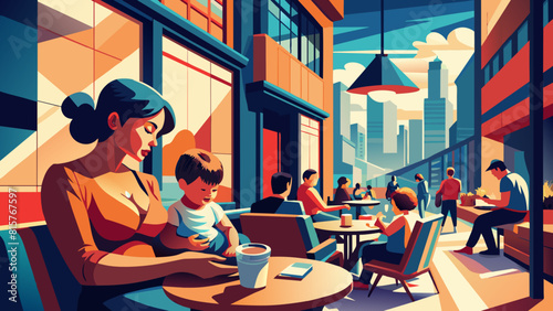 Modern Urban Cafe Life with Mother and Child in Vibrant City Setting