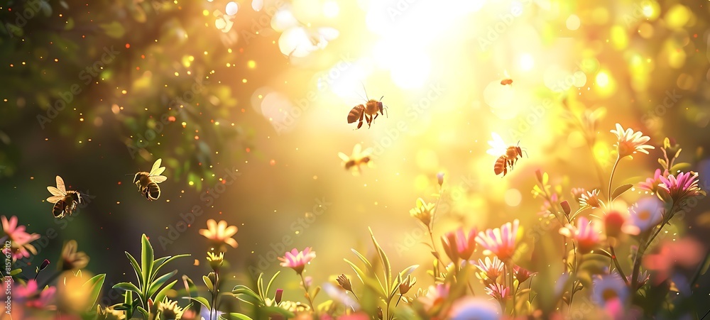 Bees flying over wildflowers in spring, with a blurred background of sunlight filtering through the trees