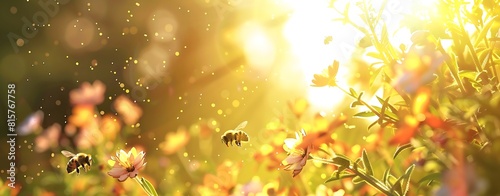 Bees flying over wildflowers in spring  with the sun shining brightly in the background. The background is blurred with copy space
