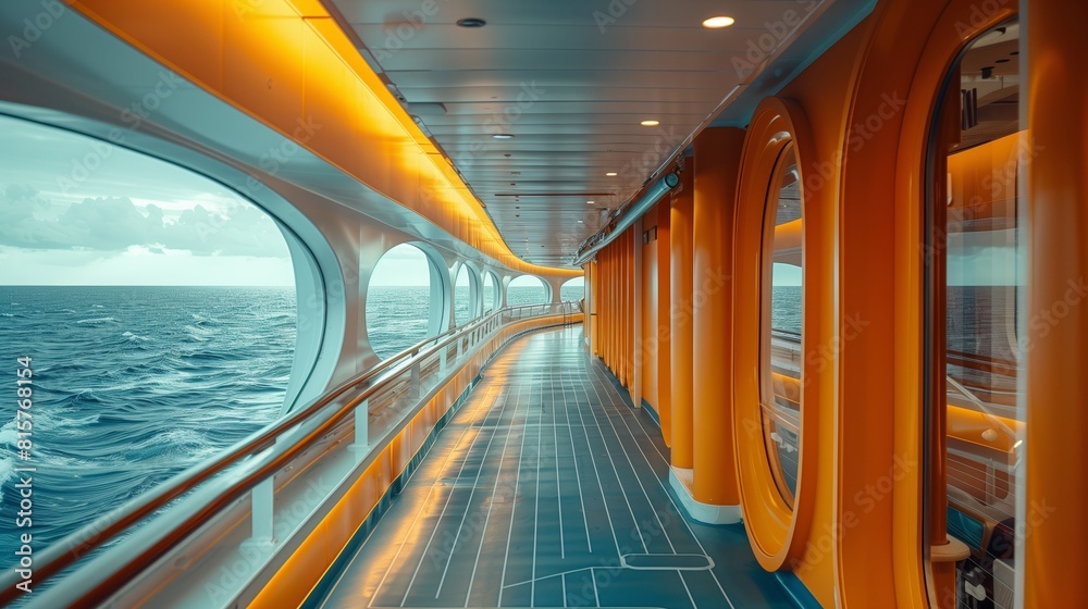 Fototapeta premium The wide aisle of the cruise ship with the seaside scenery.