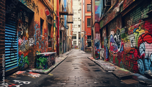 Narrow street in the city, full of colorful painted murals and graffiti.