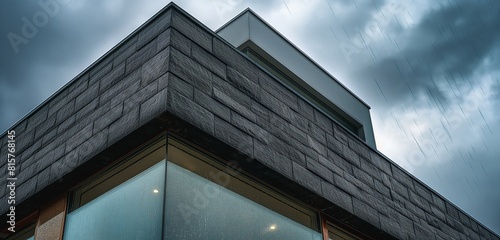 The corner of a contemporary house showing the junction where dark grey slate meets clear, expansive windows, with rain creating rivulets down the glass and the stone. photo