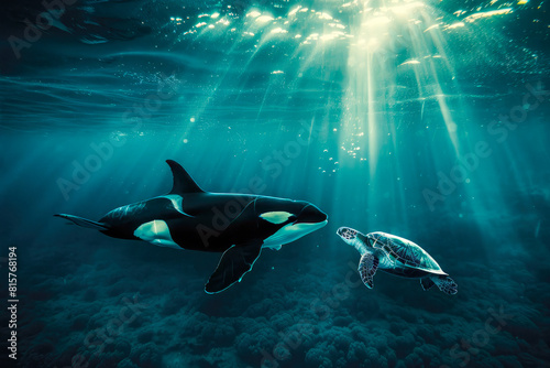 A killer whale and a turtle meet each other in the middle of the ocean.