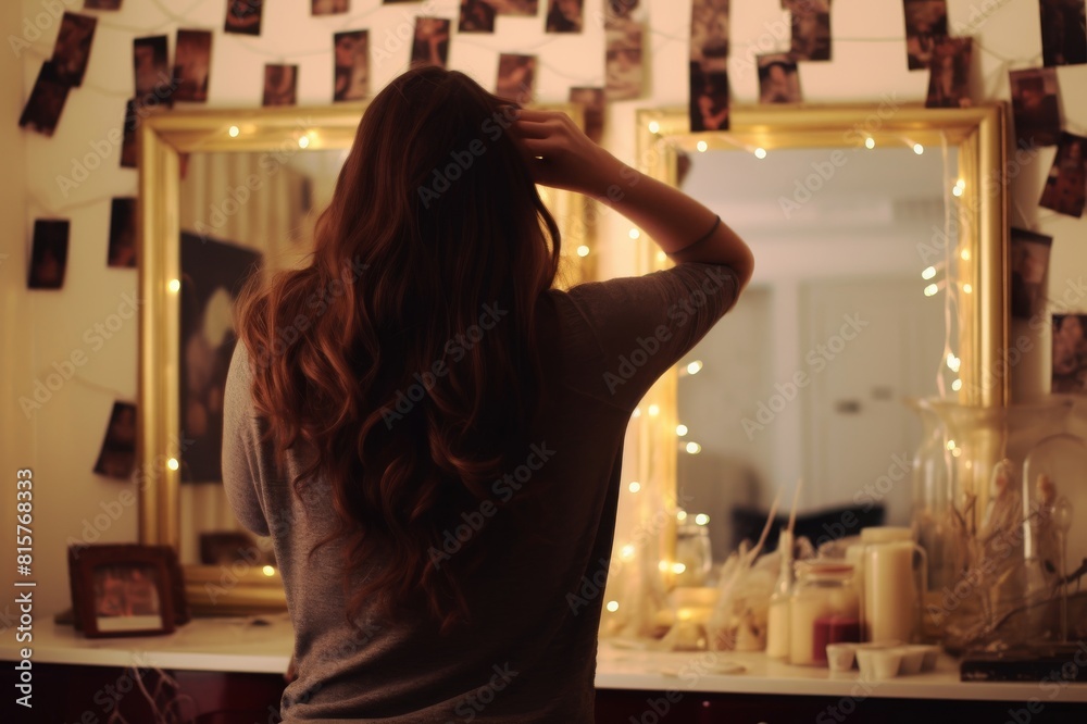 Back of teenage girl in bedroom, looking in mirror and doing her hair Back of teenage girl in bedroom, looking in mirror and doing her hair