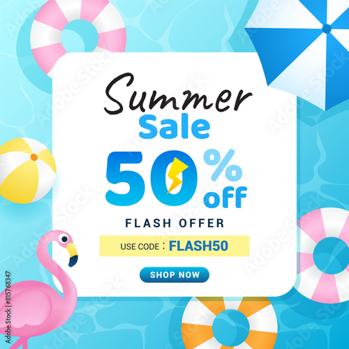 Summer sale promotion vector illustration. Beach umbrella with Pool Floats