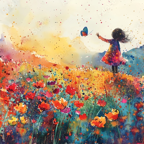 Little girl in a watercolor poppy field, chasing a fluttering butterfly, vibrant colors, early morning light, low-angle shot
