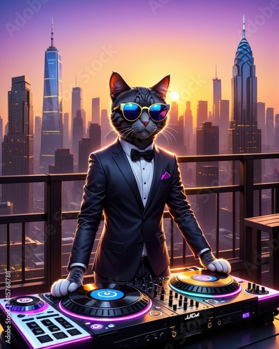 DJ Cat with Sunglasses. Suit. Professional Musician. Sunset background with Skyscraper. 