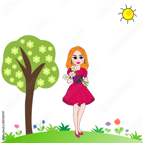 Chica con ramo de flores en un jard  n.