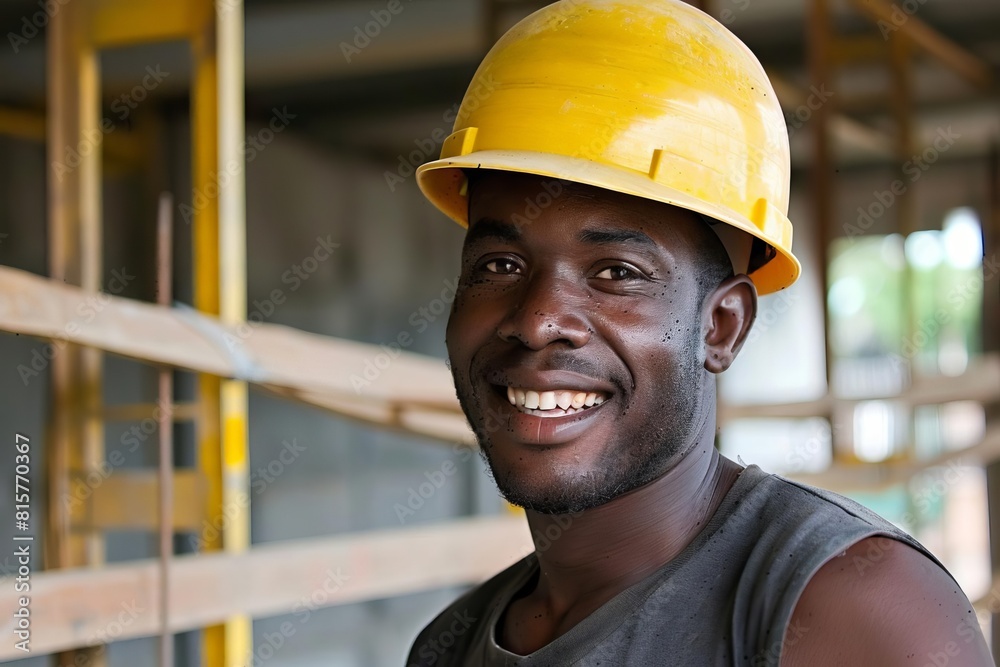 A smiling construction worker wearing a hard hat is standing in front of a building under construction. A smiling construction worker wearing a hard hat is standing in front of a building under construction.