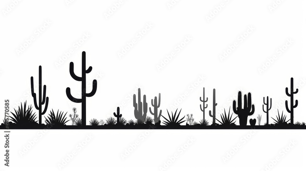 Black and white cactus plants. Cacti of different shapes and sizes ...