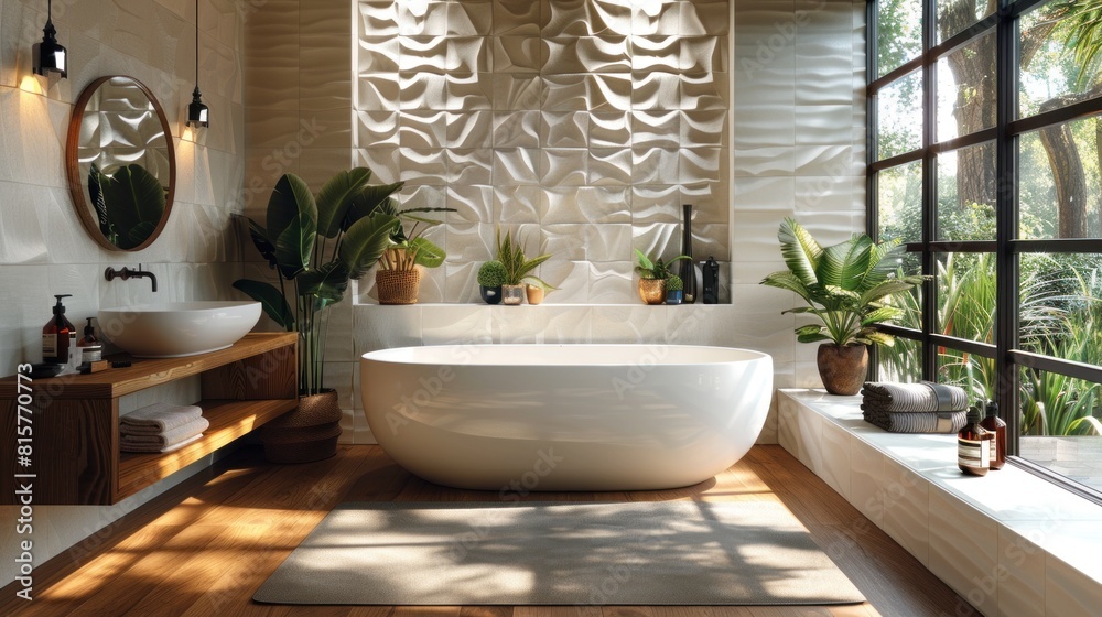 Fototapeta premium As you step back to admire the ceramic tile, you marvel at how the black lotus texture seamlessly blends traditional craftsmanship with modern design.