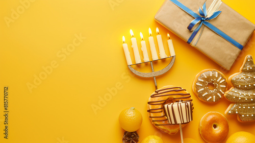 Blank card with menorah doughnut candles and gift  photo