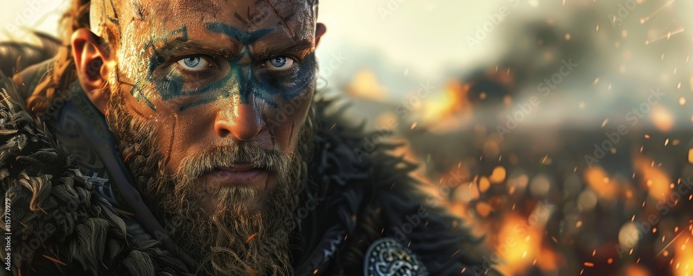 fantasy warrior with intricate face markings and fur-trimmed armor, evoking mystique and ancient warrior culture.