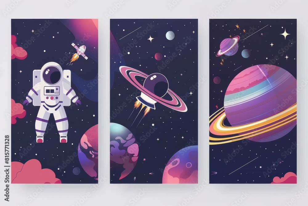 Designs for posters with the and an astronaut floating in space, in a ...
