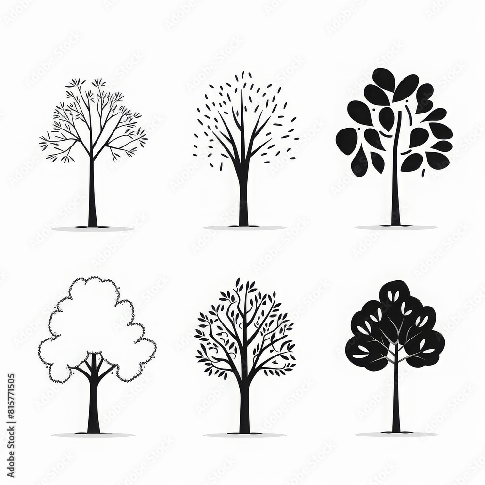 Obraz premium Deciduous trees flat design front view seasonal changes theme cartoon drawing black and white