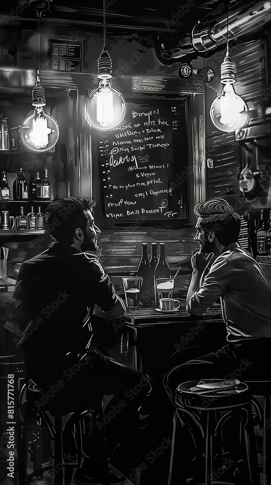 handdraw illustration with chalk on a blackboard about a bar where some people relaxing drinking laughting or dateing handdraw illustration with chalk on a blackboard about a bar where some people relaxing drinking laughting or dateing