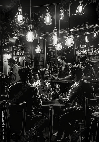 handdraw illustration with chalk on a blackboard about a bar where some people relaxing drinking laughting or dateing
