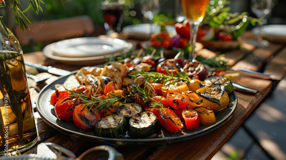 A plate of Freshly grilled sliced vegetables from the grill grate like egg plant carrot pepper squash zucchini with rosemary A plate of Freshly grilled sliced vegetables from the grill grate like egg plant carrot pepper squash zucchini with rosemary