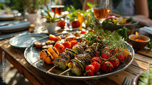 A plate of Freshly grilled sliced vegetables from the grill grate like egg plant carrot pepper squash zucchini with rosemary