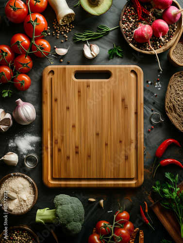 The bamboo chopping board is surrounded by many ingredients like vegetables herbs garlick tomato rosemary pepper seasalt