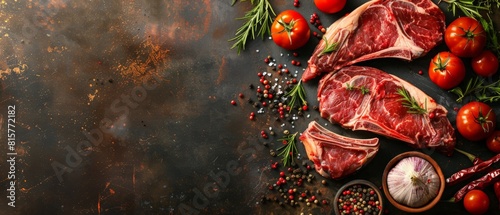 Raw fresh beef steak with spices and herbs on a dark background. photo