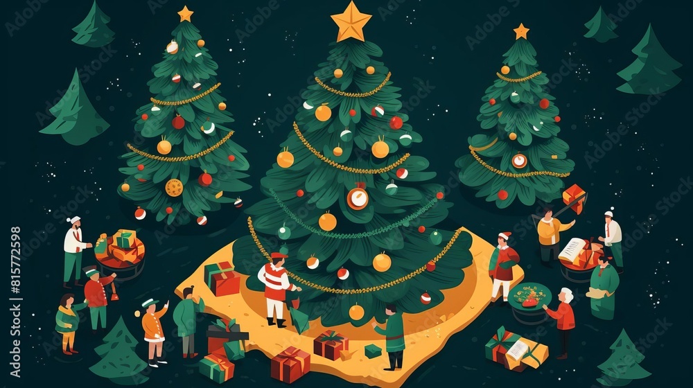 Fototapeta premium People are decorating Christmas tree. There are a lot of Christmas trees. People are happy and smiling. It's Christmas time.