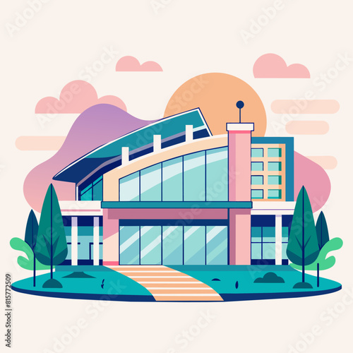 Minimalist convention center building, crafted in an adorable doodle style, Generative AI