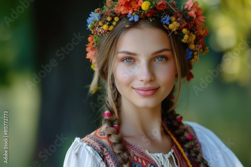 Radiant Beautiful Slavic woman. Attractive lady with blue eyes and headscarf. Generate ai