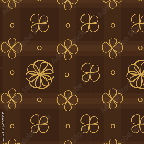 Panettone paper package seamless pattern. Floral vector background of gold flowers on brown rectangular color.