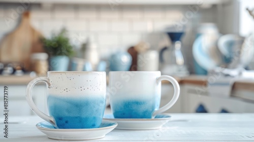 Handmade pottery coffee mugs in vivid blue and white, set against a whitewashed kitchen backdrop realistic