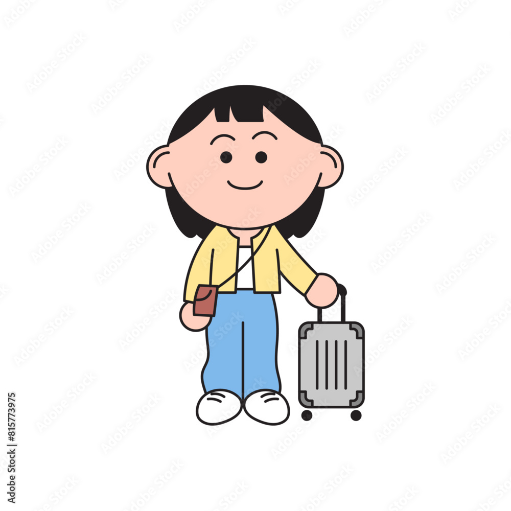 a cute girl is ready for her solo trip. She is standing with her luggage. cartoon style character illustration. a cute girl is ready for her solo trip. She is standing with her luggage. cartoon style character illustration.