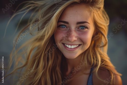 Joyful Beautiful smiling blonde on autumn view. Charming lady outdoor nature portrait. Generate ai