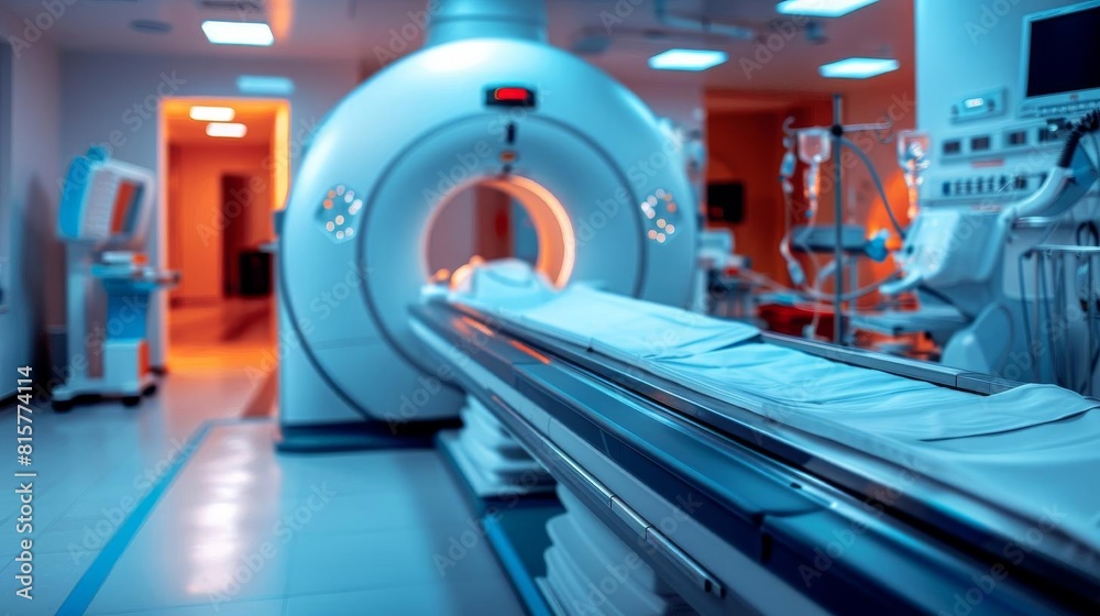 Obraz premium The image shows a modern MRI machine in a hospital setting.