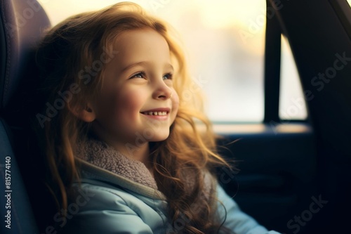 Beautiful small girl traveling in the car Close-up portrait of a cute little girl sitting in the car looking outside the window and smiling. Beautiful small girl traveling in the car