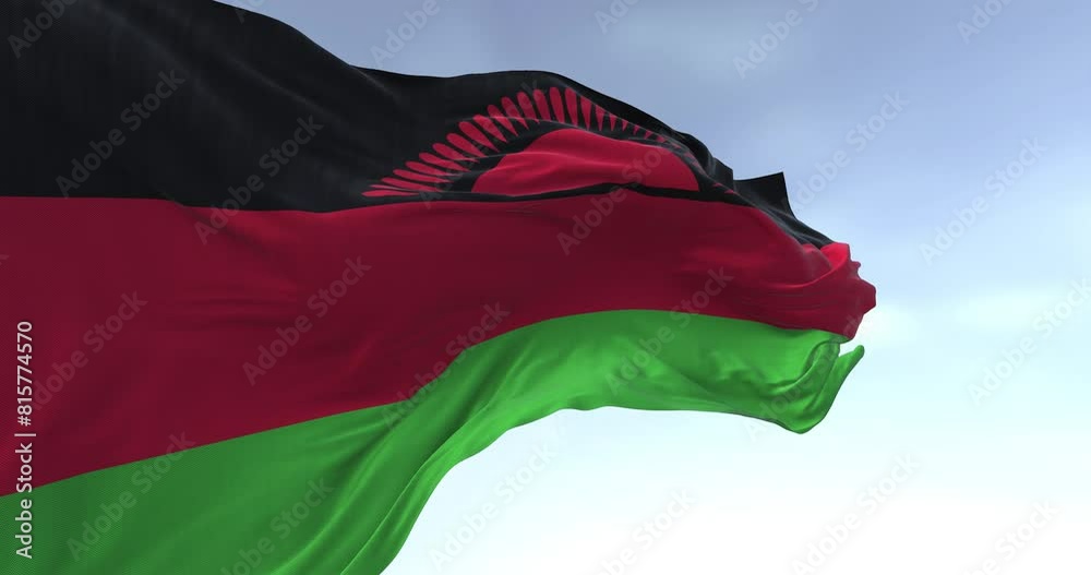 Close-up of Malawi national flag waving in the wind on a clear day