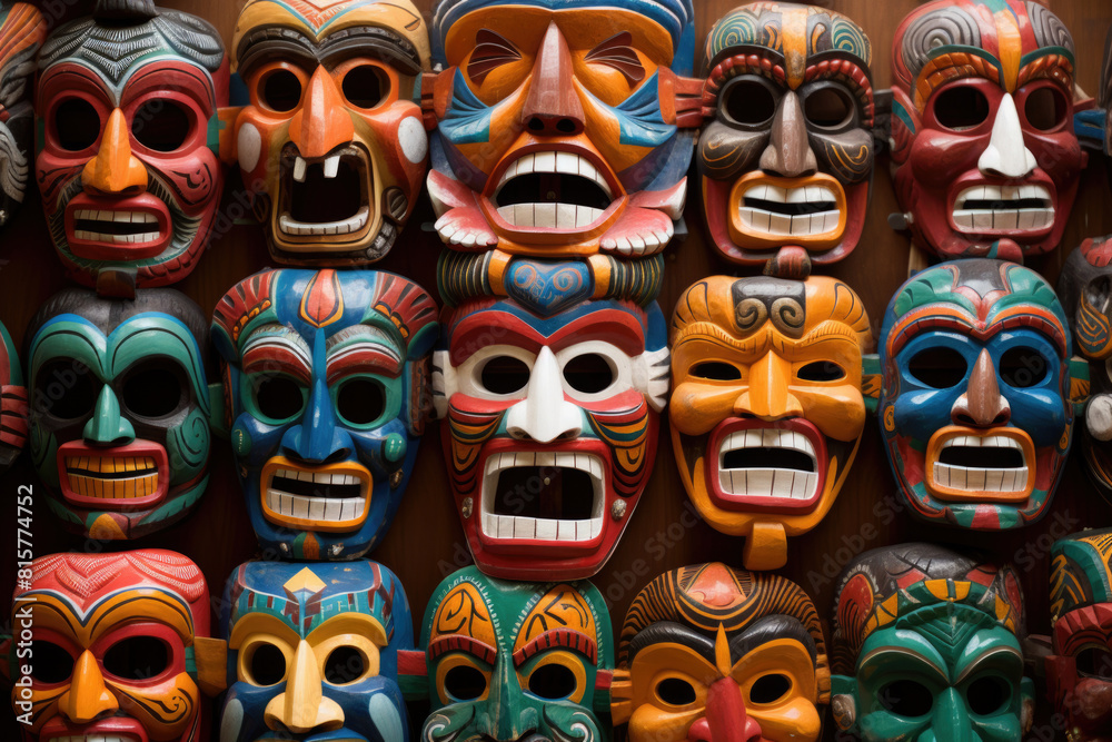Typical wooden masks in Kathmandu in Nepal. The masks are traditionally worn at the Mani Rimdu festival to drive out demons and reward believers. Typical wooden masks in Kathmandu in Nepal. The masks are traditionally worn at the Mani Rimdu festival to drive out demons and reward believers.