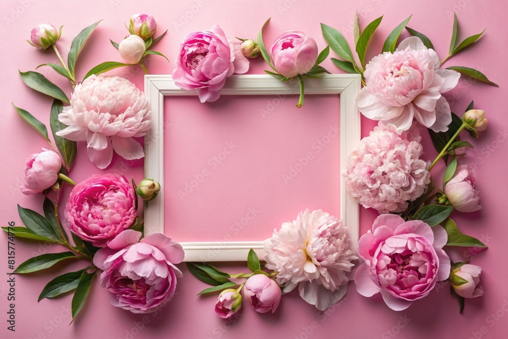 A frame with beautiful peony flowers on a pastel pink background. Flat layout, top view, place to copy, summer flowers. A frame with beautiful peony flowers on a pastel pink background. Flat layout, top view, place to copy, summer flowers.
