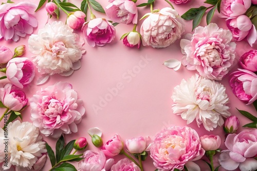 Wallpaper Mural A frame with beautiful peony flowers on a pastel pink background. Flat layout, top view, place to copy, summer flowers. Torontodigital.ca