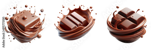 chocolate pieces with splash of chocolate milk set in transparent background PNG