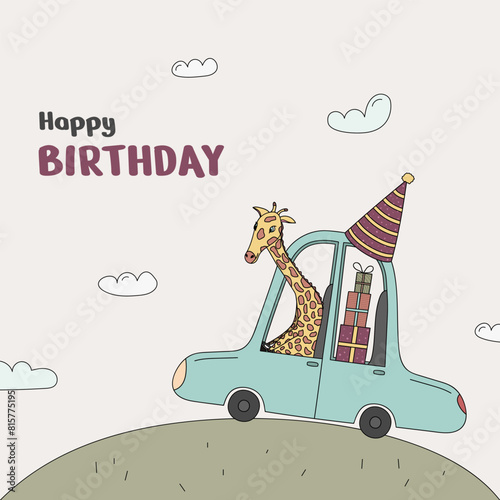 Greeting card with a cute giraffe that carries a lot of gifts in the car