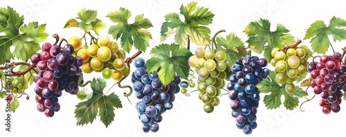 A horizontal banner featuring various types of grapes, arranged on the left side with green leaves and branches isolated against a white background