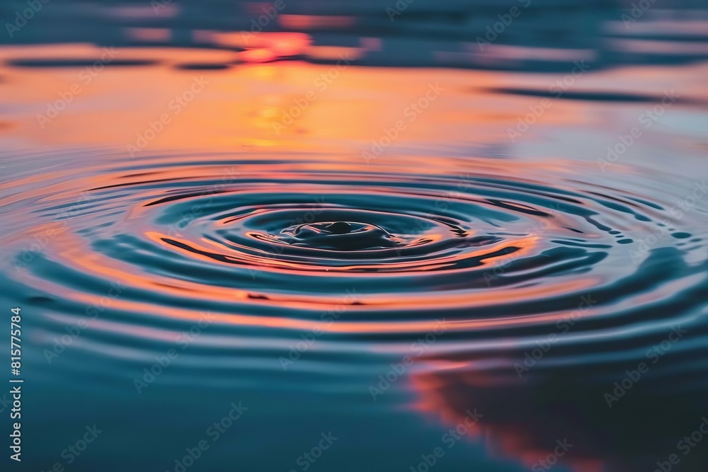 Water surface with a drop causing ripples. Sunset colors on the background. Water surface with a drop causing ripples. Sunset colors on the background.