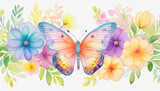 Watercolor illustration of butterfly surrounded by flowers. Floral composition. Beautiful artwork